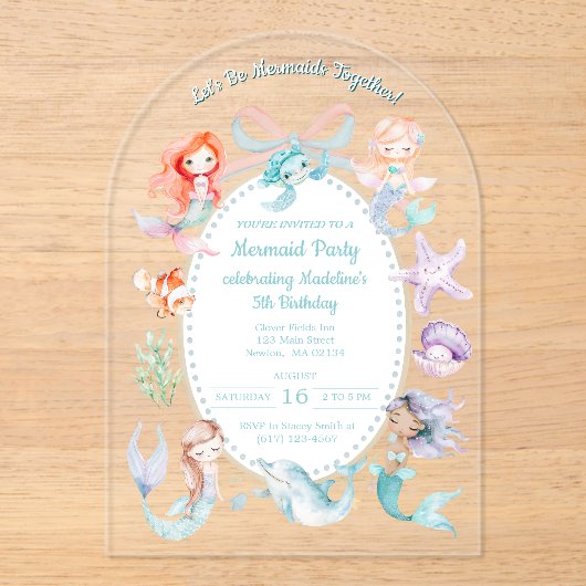 Let's Mermaids Together Mermaidパーティー誕生日 アクリル招待状 (正面)