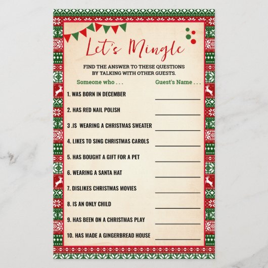 Let's Mingle Find Guest Ugly Sweater Game Card チラシ (正面)