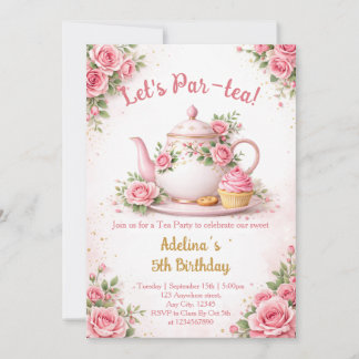 Let's Par-tea Pink Floral Teapot Girls Birthday 招待状