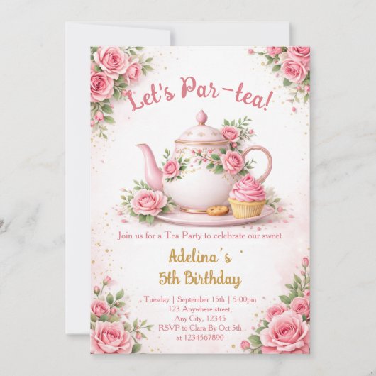 Let's Par-tea Pink Floral Teapot Girls Birthday 招待状 (正面)