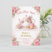 Let's Par-tea Pink Floral Teapot Girls Birthday 招待状 (スタンド正面)