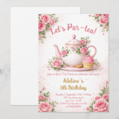 Let's Par-tea Pink Floral Teapot Girls Birthday 招待状 (正面/裏面)
