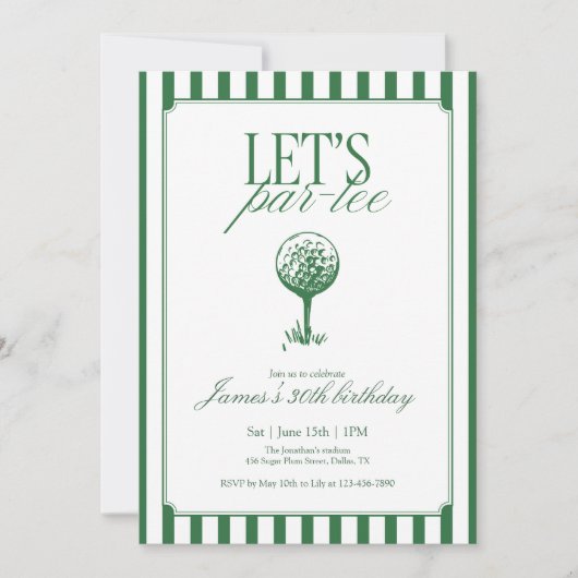 Lets Par Tee Golf Birthday Party Green Stripe 招待状 (正面)