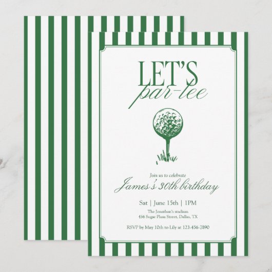 Lets Par Tee Golf Birthday Party Green Stripe 招待状 (正面/裏面)