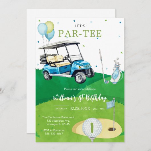 Let's Par-tee Golf Boy 1st Birthday Invitati 招待状 (正面/裏面)