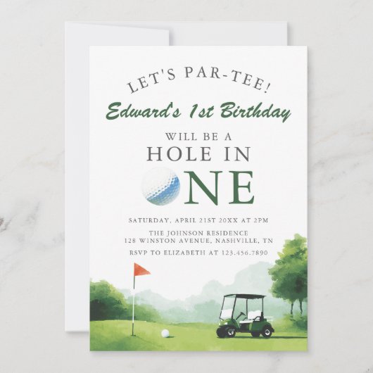 Let's Par-Tee Golf Buggy Fun 1st Birthday 招待状 (正面)