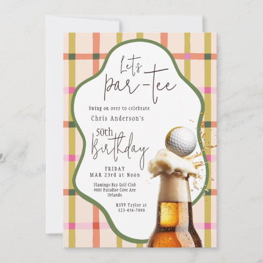 Let's Par-Tee Retro Plaid Whimsical Birthday 招待状 (正面)