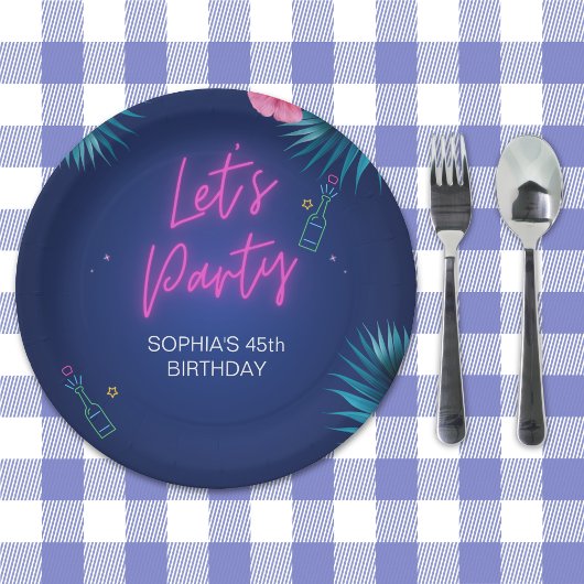 Let's Party - Birthday woman with neon theme ペーパープレート