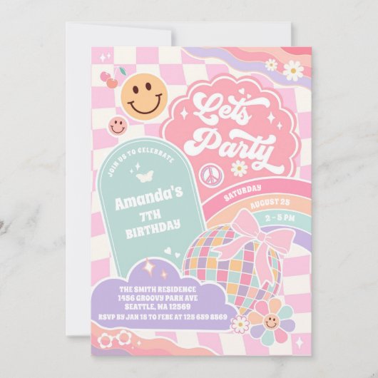 Lets Party Cloud Rainbow Disco Birthday Invitation 招待状 (正面)