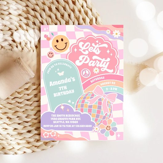 Lets Party Cloud Rainbow Disco Birthday Invitation 招待状