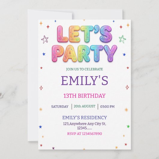 Let's Party Colorful Birthday Party 招待状 (正面)