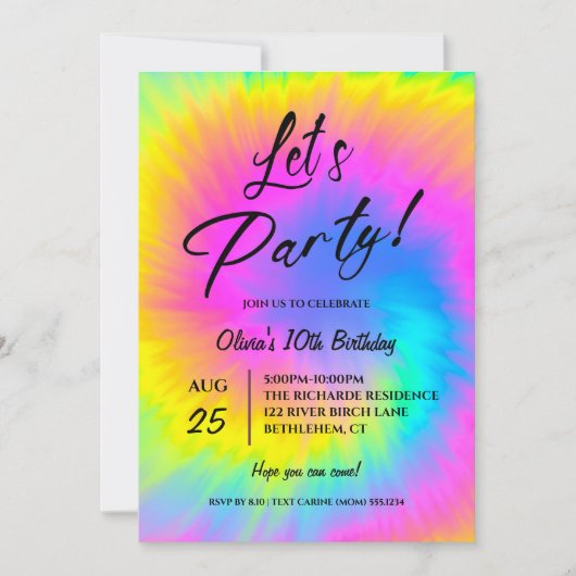 Let's Party  Colorful Tie Dye birthday  招待状 (正面)