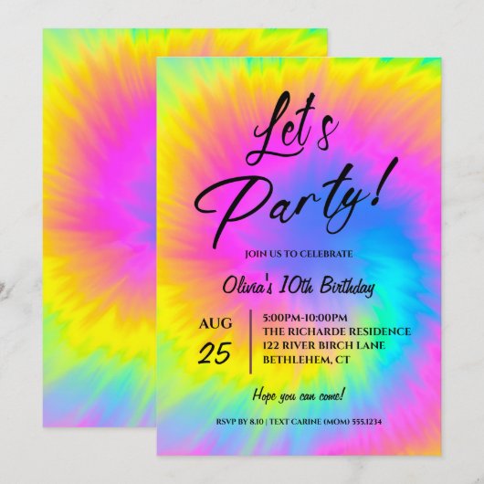 Let's Party Colorful Tie Dye birthday 招待状 (正面/裏面)