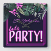 Let's Party Electric Pink Neon Tropical Birthday スクエア壁時計 (正面)