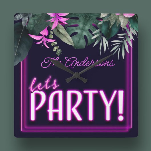 Let's Party Electric Pink Neon Tropical Birthday スクエア壁時計
