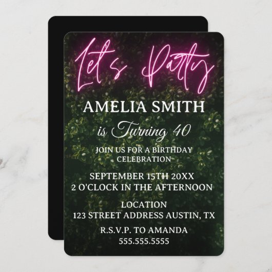 Let's Party Neon Boxwood Birthday 招待状 (正面/裏面)