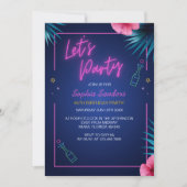Let's Party Neon Electric Pink Birthday  招待状 (正面)