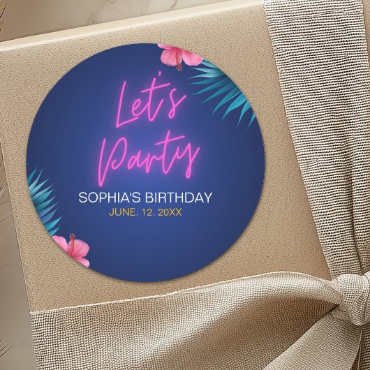 Let's Party Neon Electric Pink Birthday Woman ラウンドシール