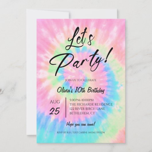 Let's Party, Pink Tie Dye birthday party 招待状 (正面)