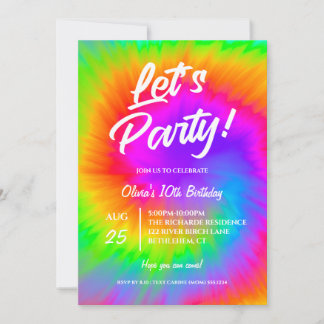 Let's Party Vibrant Tie Dye  birthday  招待状