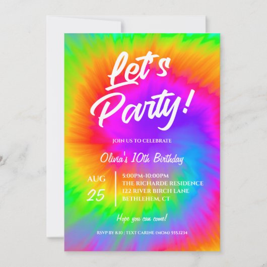 Let's Party Vibrant Tie Dye  birthday  招待状 (正面)