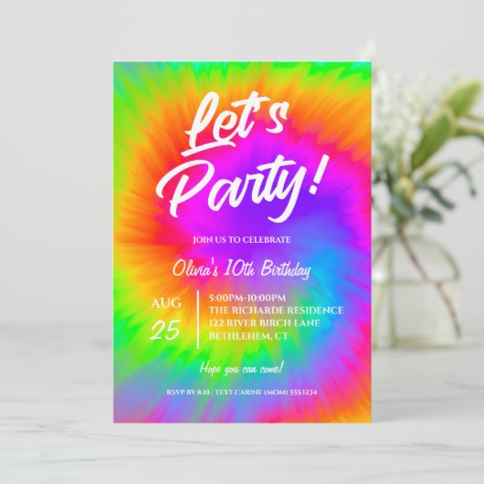 Let's Party Vibrant Tie Dye  birthday  招待状 (スタンド正面)