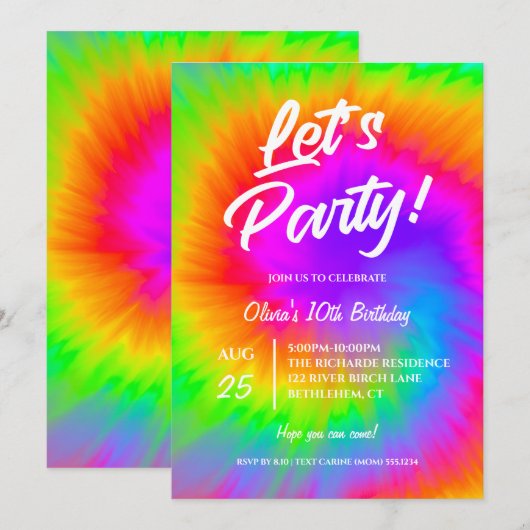 Let's Party Vibrant Tie Dye  birthday  招待状 (正面/裏面)