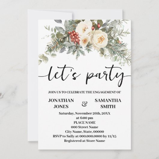 Let's Party Winter White Flowers Engagement 招待状 (正面)
