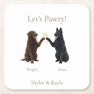 Let's Pawty! 2匹のペットが乾杯する、パーソナライズされた結婚式 スクエアペーパーコースター