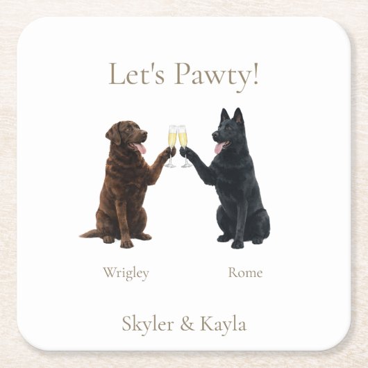 Let's Pawty! 2匹のペットが乾杯する、パーソナライズされた結婚式 スクエアペーパーコースター (正面)