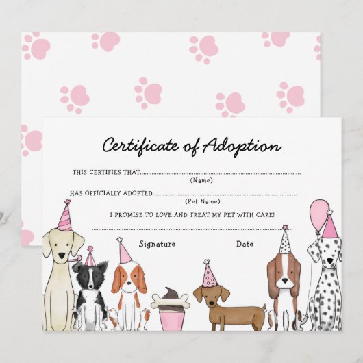 Lets Pawty Adoption Certificate Dog birthday card サンキューカード (正面/裏面)