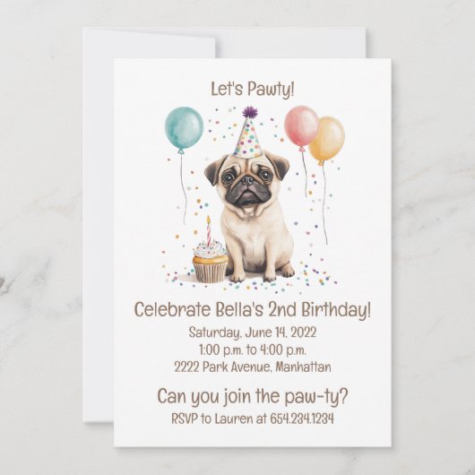 Let's Pawty Birthday Pug Dogs Cupcake 招待状 (正面)