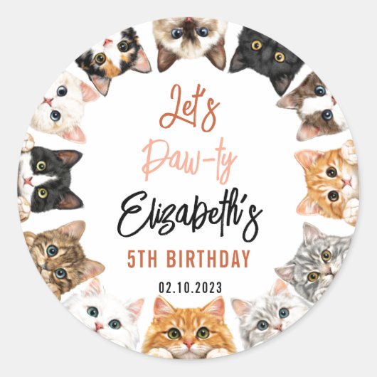 Let's Pawty Cat 5歳の誕生日 | カスタムバースデーケーキ ラウンドシール (正面)