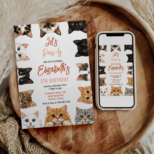 Let's Pawty Cat 5th Birthday | Custom Birthday Kid 招待状