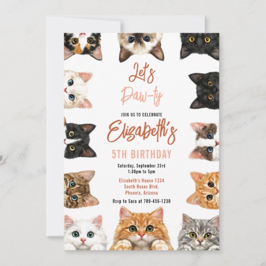 Let's Pawty Cat 5th Birthday | Custom Birthday Kid 招待状 (正面)