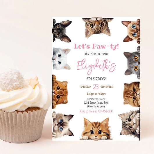 Let's Pawty Cat Kitten Birthday Party Invitation 招待状