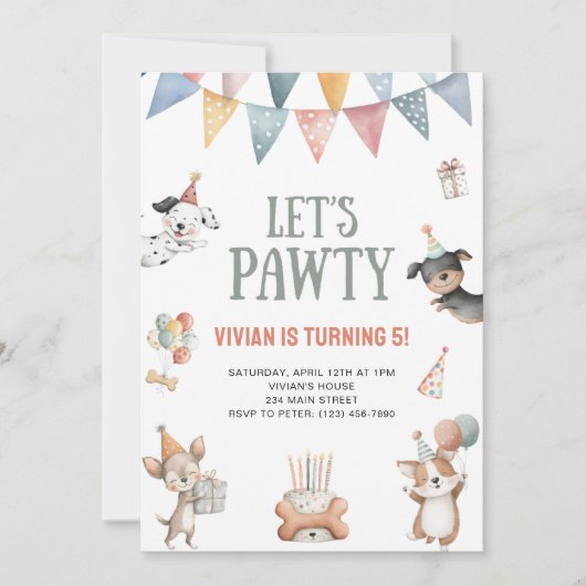 Let's Pawty Funny Dog Birthday Party 招待状 (正面)