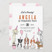 Lets Pawty Puppy Pawty Dog girl Birthday 招待状 (正面/裏面)