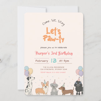 Lets Pawty Watercolor Cute Puppy Dog Pet Birthday 招待状