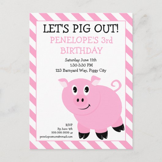 Let's Pig Out Birthday Partyはがき招待状 インビテーションポストカード (正面)
