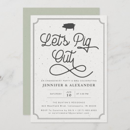 Let's Pig Out Green I do BBQ婚約パーティ 招待状 (正面/裏面)