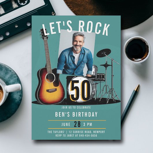 Let's Rock Guitar Drums Men 50誕生日写真 招待状