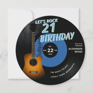 Let's Rock Guitar Music Notes Blue 21st Birthday 招待状