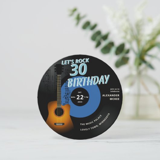 Let's Rock Guitar Music Notes Blue 30th Birthday 招待状 (スタンド正面)