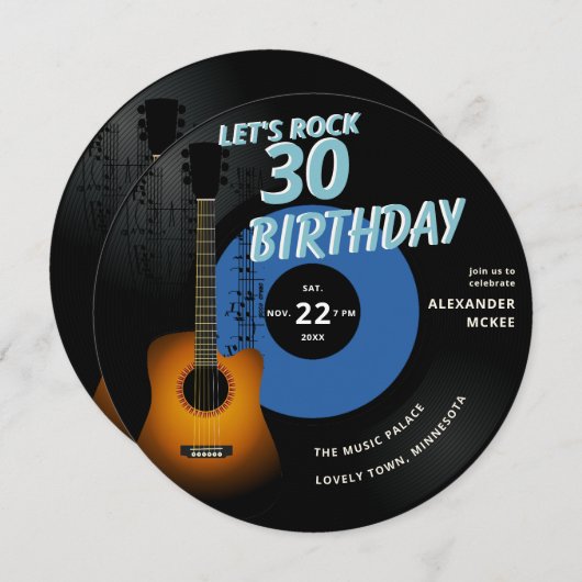 Let's Rock Guitar Music Notes Blue 30th Birthday 招待状 (正面/裏面)