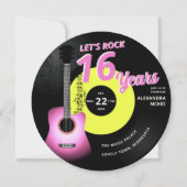 Let's Rock Hot Pink Yellow Guitar Music Sweet 16 招待状 (正面)