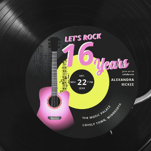 Let's Rock Hot Pink Yellow Guitar Music Sweet 16 招待状
