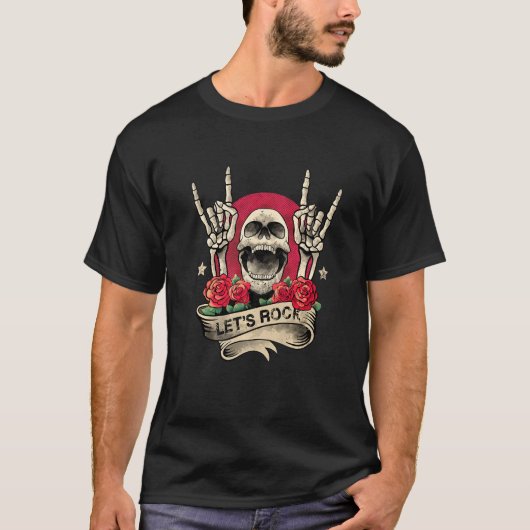 Lets Rock&Skeleton Hand転がヴィンテージレトロRo Tシャツ (正面)