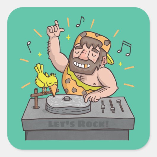 Lets Rock Stone Age Caveman Music DJ Sticker スクエアシール (正面)
