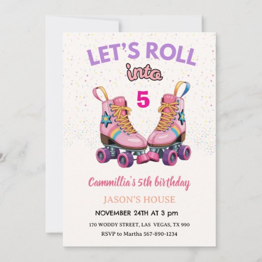 Let's Roll into 5 Retro Roller Skate Birthday 招待状 (正面)